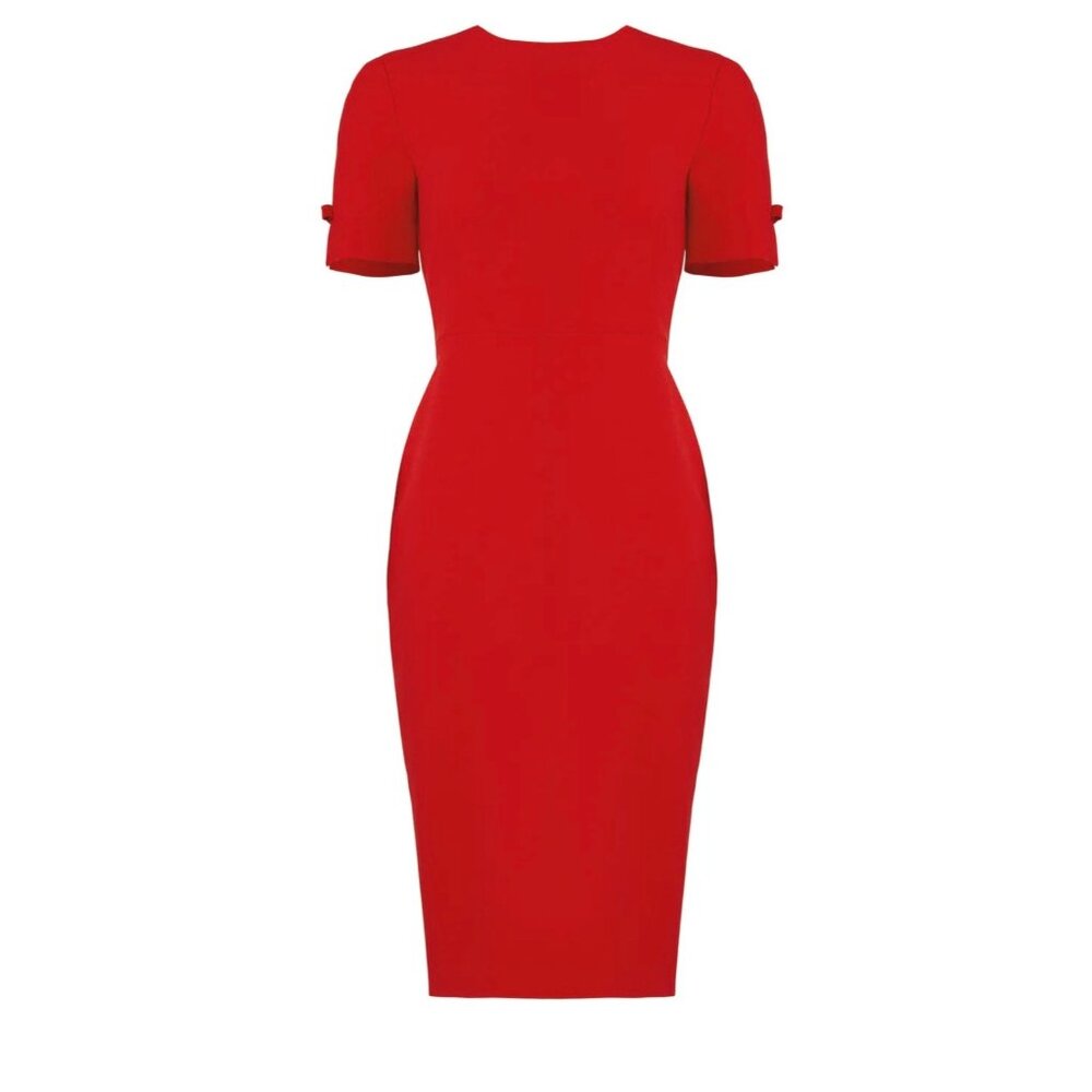 LK Bennett Trinu Sheath Dress Womens 8 Red Dainty Bows Feminine Office Modest